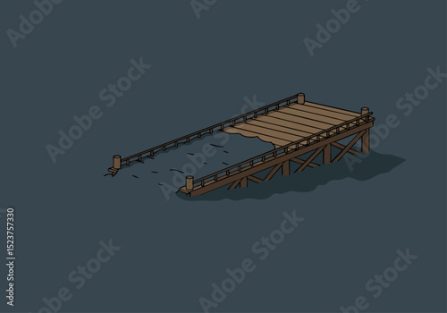weathered wooden pier partially submerged in water showcasing a dramatic flood scene The image has a dark moody aesthetic ideal for conveying themes of disaster decay or environmental impact