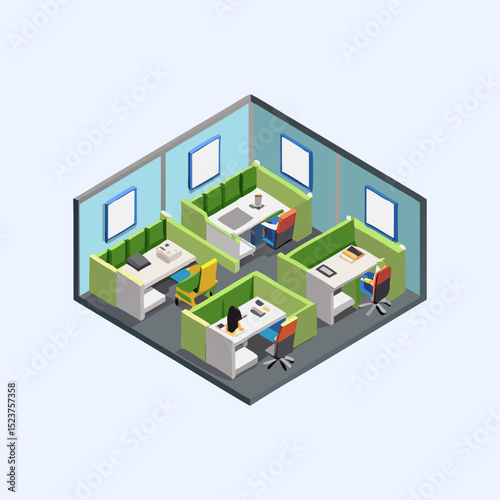 Isometric View of a Modern Office Environment with Employees