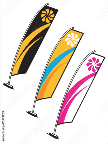 Three vertical, curved "feather" banners, each with a distinct color scheme and a floral design at the top. The first banner is black and yellow with a yellow flower, the second is yellow and blue.
