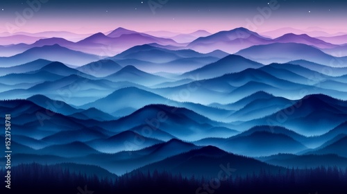 Vibrant hues blending in an ethereal dance bring to life a watercolor dreamscape of mountains layered beneath a starry sky