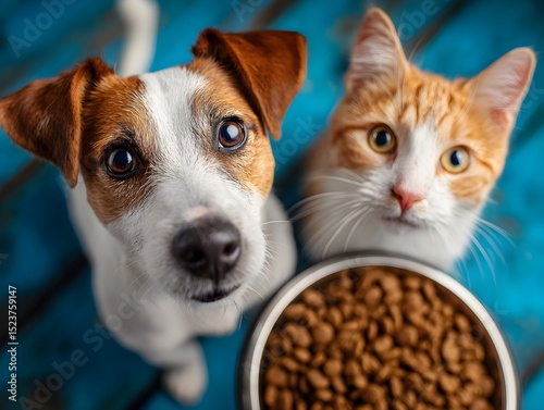 A curious dog and ginger cat attentively wait together by their bowl of pet food on a blue surface.