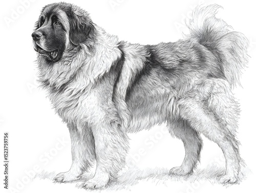 A detailed pencil drawing of a Caucasian Shepherd Dog standing proudly with its fluffy tail curled upwards.