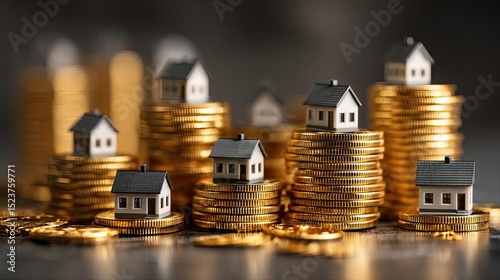 Real estate retirement investment income through efficient planning concept. Conceptual image of investment in real estate with coins and houses.