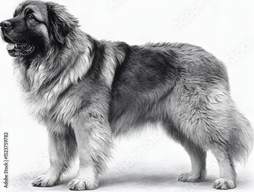 Realistic monochrome pencil drawing depicts a majestic Caucasian Shepherd dog in full profile view standing still.