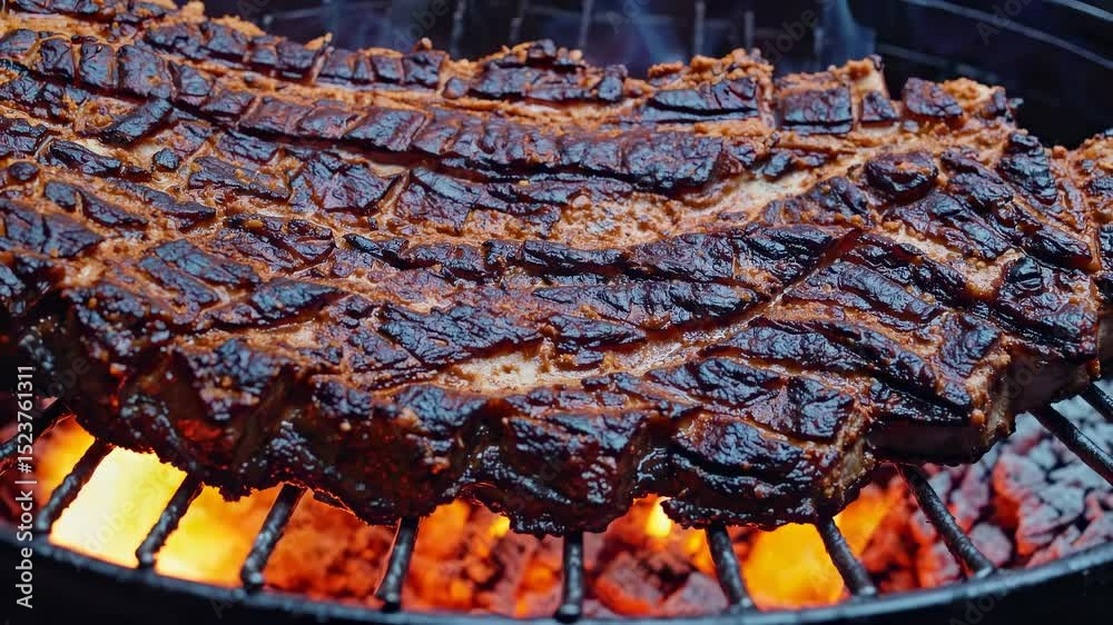 Grilled steak cooking on open fire. Char marks cover beef steak. Flame rises under grill with meat. Juicy barbecue steak cooked with fire. Smoke surrounds hot grill with beef steak. Meat, grill, flame