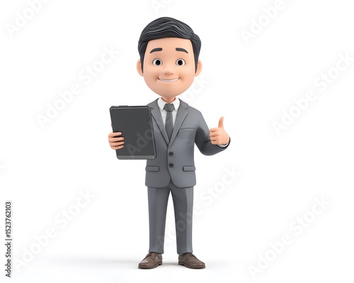 3D cartoon of a cheerful Asian businessman in a gray suit