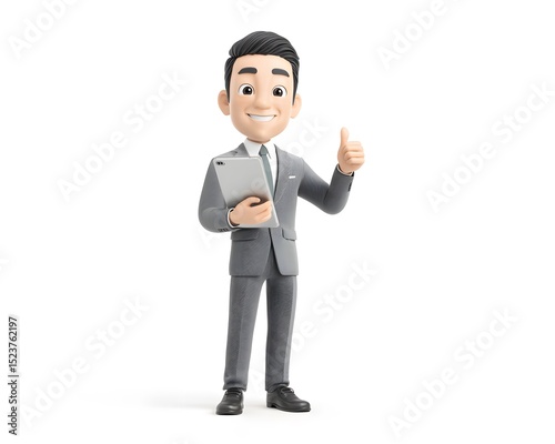 3D cartoon of a cheerful Asian businessman in a gray suit