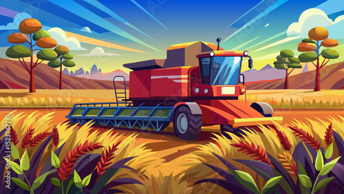 Red combine harvester collecting wheat in a colorful cartoon field with mountains and dramatic sky
