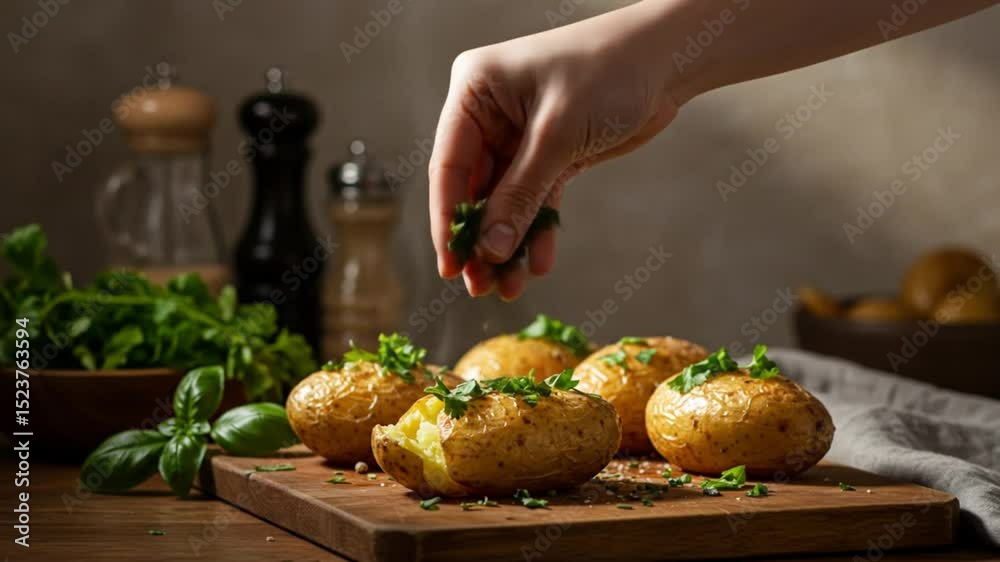 Culinary Sprinkles: Hand delicately garnishes baked potatoes with fresh herbs, creating a symphony of flavors, colors, and textures.