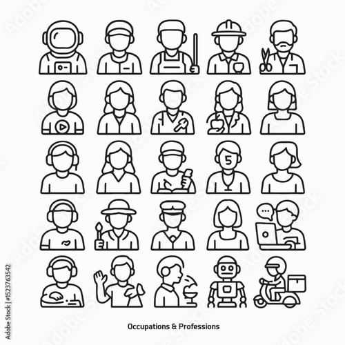 Modern Professions and Job Roles Line Icon Set