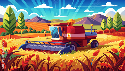 Cartoon combine harvester working in golden wheat field with mountains and blue sky in background