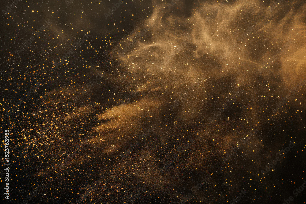 Fototapeta premium Golden dust cloud in motion on dark background