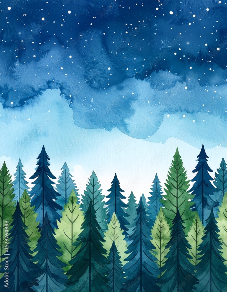 Fototapeta premium forest with sky at night clean in watercolor effect with space for your text