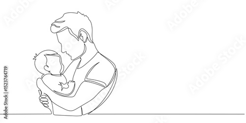 One continuous line drawing of father and son, editable line, Father's Day. Father holds infant in a tender embrace during a quiet moment of bonding.
