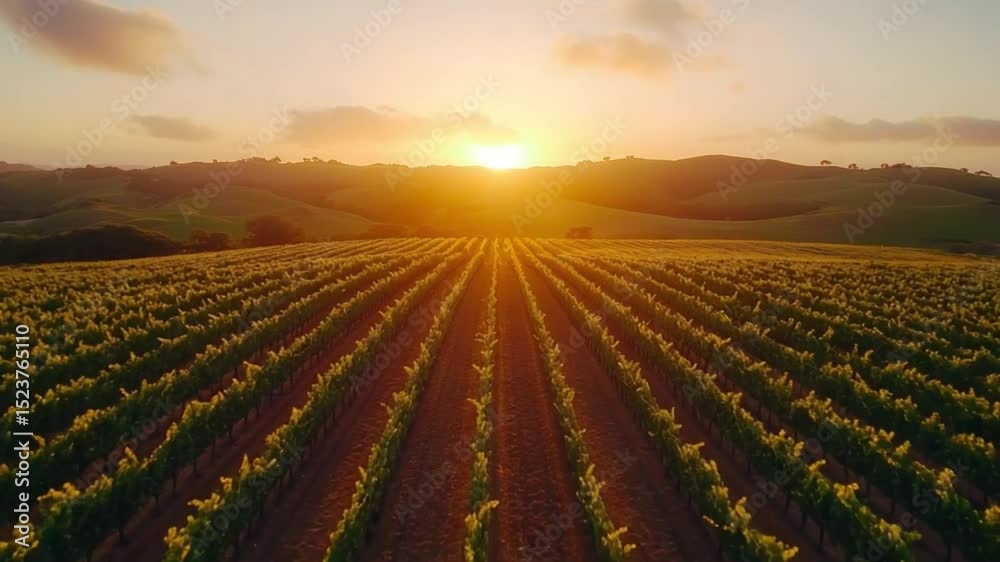 Golden Hour Vineyard: Sunset Aerial of Rolling Hills Golden Hour Vineyard: Sunset Aerial of Rolling Hills