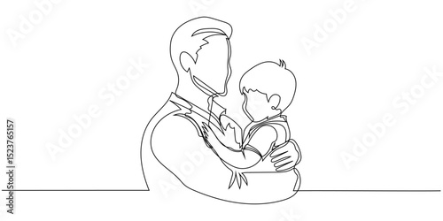One continuous line drawing of father and son, editable line, Father's Day. Father holding his baby in a tender embrace during a quiet moment of connection at home
