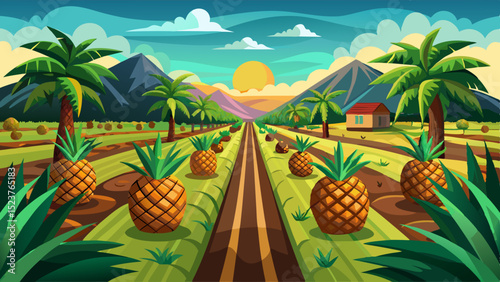 Tropical pineapple plantation with palm trees, mountains and a small house under a vibrant sunset sky