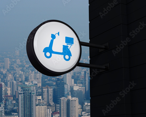 Motorcycle icon on hanging black rounded signboard over modern city tower, office building and skyscraper, Business delivery service concept, 3D rendering