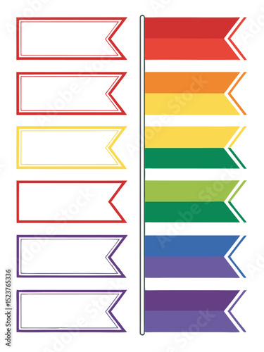 Two vertical columns of horizontal banner-like shapes with V-shaped cutouts at their right ends, resembling flags or tags. The left column features six white banners with thin colored outlines.