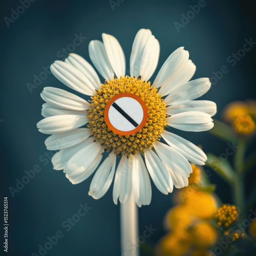 Daisy flower with allergy warning symbol on yellow center