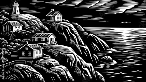 Black and white sketch vector of a coastal cliffside village with houses perched over the ocean