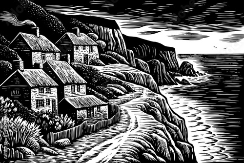 Black and white sketch vector of a coastal cliffside village with houses perched over the ocean