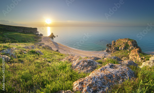 Sundown on the beach. Seascape nature composition.