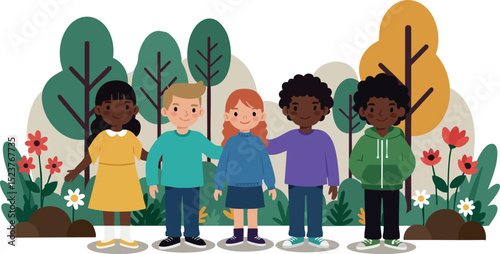 Diverse group of children holding hands in natural park with colorful trees and flowers 