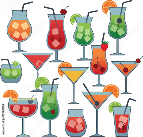 Colorful variety of cocktail drinks with fruit garnishes in different glassware vector illustration 