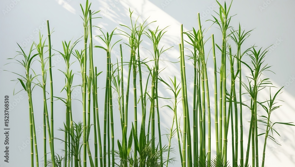 Obraz premium Slender lemongrass stalks rise like bamboo skyscrapers, forming a futuristic eco-cityscape. Against a pristine white background, soft light reveals nature’s elegance fused with innovation.