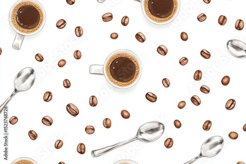 Coffee cups beans and spoons pattern