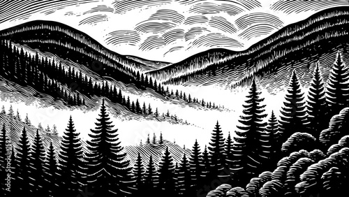 Black and white sketch vector of fog drifting across pine-covered mountain slopes at sunrise