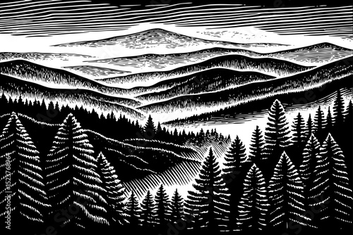 Black and white sketch vector of fog drifting across pine-covered mountain slopes at sunrise