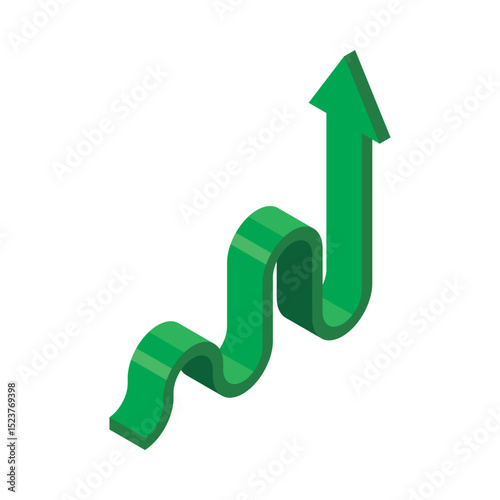 Isometric and 3D view of a green arrow growth concept. Up and down movement at a smooth angle and ends with an upward arrow.