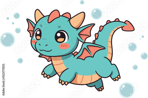 Cute blue cartoon baby dragon flying with bubbles fantasy vector illustration 