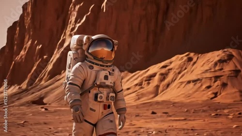 astronaut walking towards a cliff while exploring Mars planet surface. Colonization concept