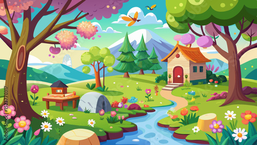 Cartoon spring landscape with blooming trees, flowers, small house, mountains and a flowing stream