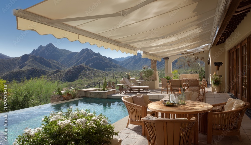 Fototapeta premium Luxury Outdoor Patio Overlooking Scenic Mountain View Pool