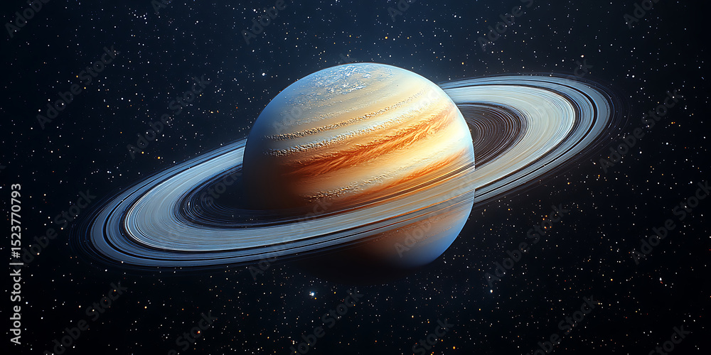 Naklejka premium Detailed view of saturn in deep space starfield with its magnificent rings striking visual of saturn against a backdrop of countless stars awe inspiring celestial scene