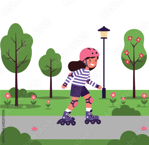 Girl roller skating outdoors in park with trees flowers and lamp post vector illustration 