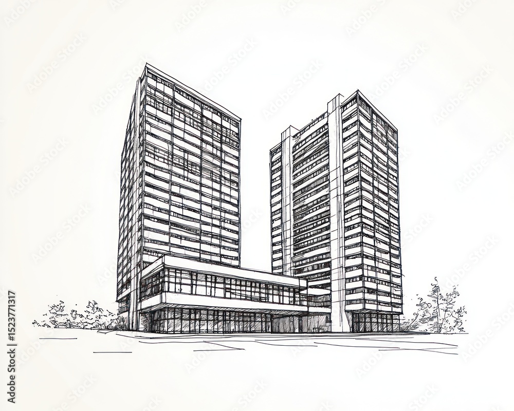 Fototapeta premium Architectural Sketch of Modern Twin Towers