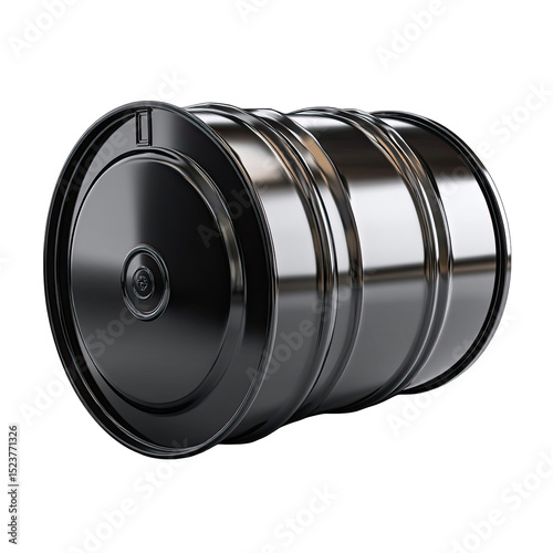 A?glossy,?black?metal?barrel,?likely?for?oil?or?other?liquids.?Its?smooth?surface?reflects?light