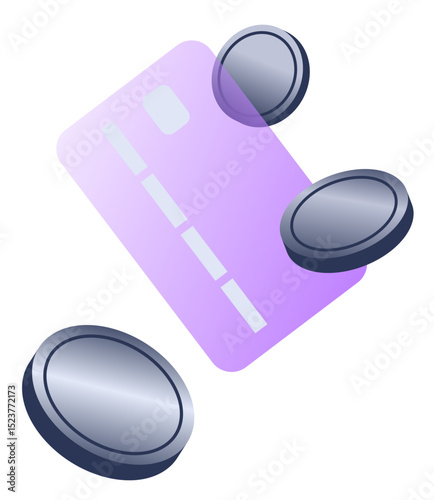 Purple bank card and silver coins