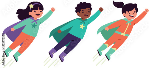 Children Flying with Superhero Capes Illustration in Bright Colors Vector 
