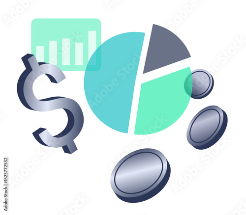 Financial analytics with infografics and coins