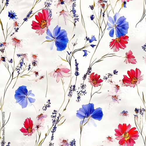 seamless pattern showcasing an array of vibrant 3D cosmos and lavender flowers in pink, red, and blue hues, with delicate stems and foliage, on a clean white background. Ideal for floral prints.