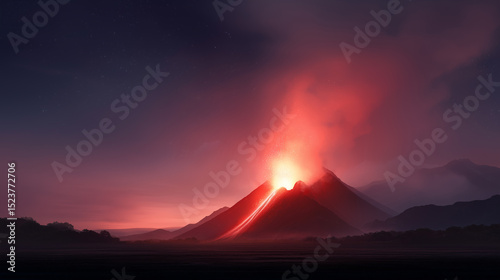 Majestic volcanic eruption lights up the night sky over the mountain landscape