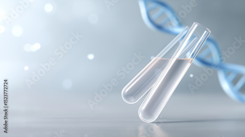 Test tubes containing liquid suspended in the air with a DNA double helix in the background