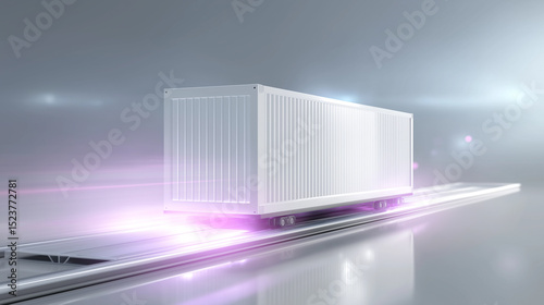 Bright white shipping container on futuristic track with glowing lights at dawn, representing advanced logistics technology and transport innovation
