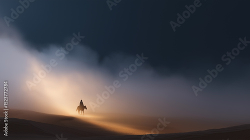 Horseback rider traverses desert landscape at dusk with dramatic lighting and fog